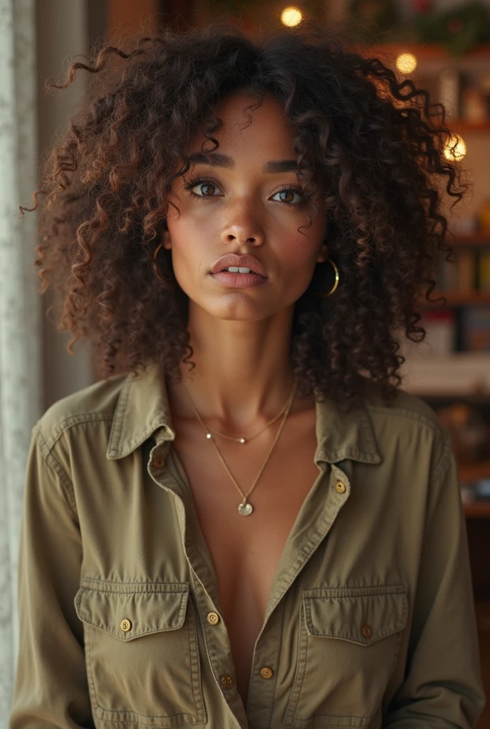 black female, with curly hair and green eyes in chic clothes 