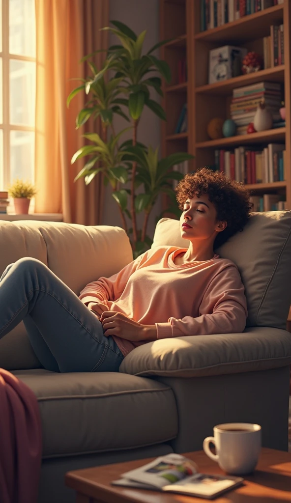A woman sitting on the sofa in the living room, waiting for her to make potato salad.