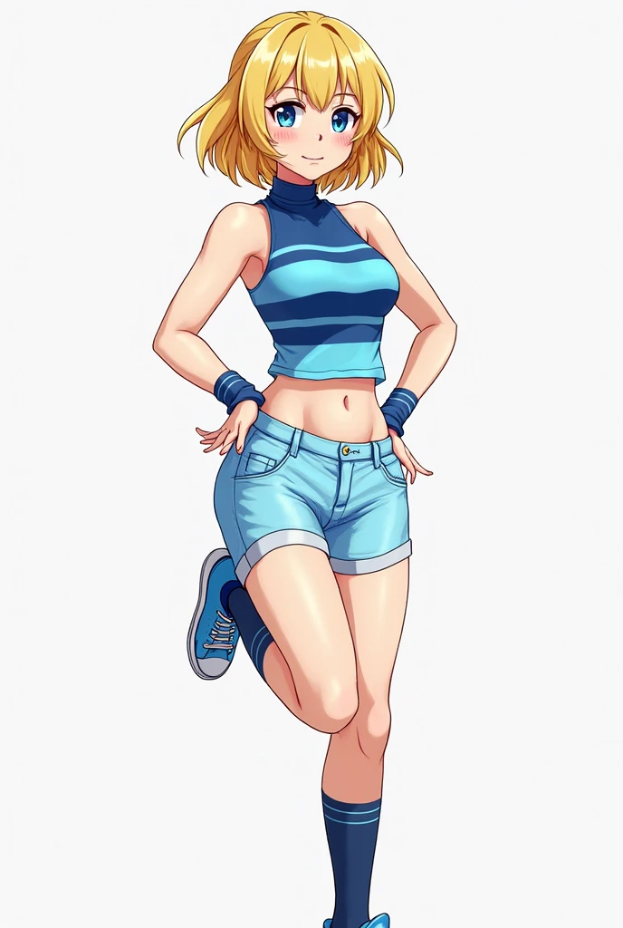 Full body image of Loud from The Loud House, full body in image, wearing her original outfit (light blue tank top, beige shorts, and light blue flip-flops), long blonde hair, female body, slender and athletic body, dynamic pose, detailed pose, simple background, expressive face showing a confident smile, focus on face, line art, sketch