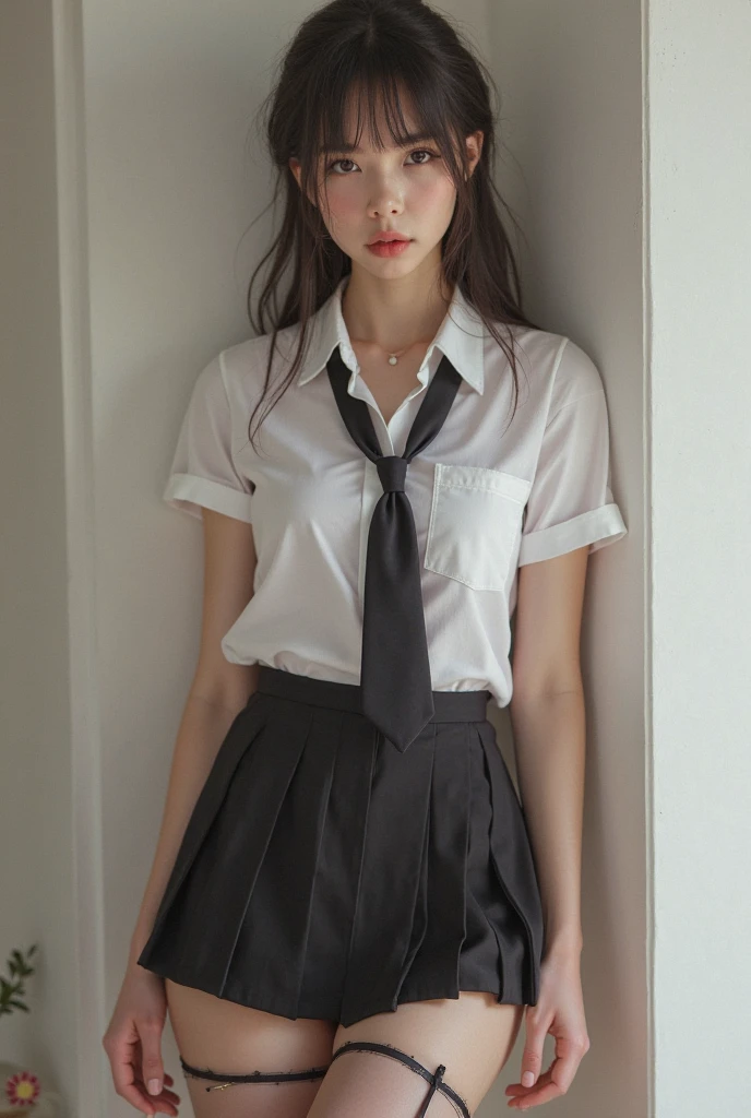 best qualtiy, 超高分辨率, (realisticlying:1.4), 1girll,Pretty woman with slender figure:1.4,18 female high school students are sexy,White skin,二重まぶた,Delicate eyes,white short blouse,pink necktie,Pink pleated skirt,Over the knee black silk,Being in the room,sitting on a white bed,Fascinating expectations,Brunette half front half,Half in the back,Pose on the bed in a short skirt and shirt,JK school uniform,short- sleeved,tiedshirt