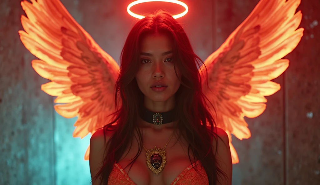 a picture of an mecha angel wearing black leather jacket, ((full body: 1.5)), exotic beautiful angel ((anatomically correct: 1.5), (ultra detailed face: 1.2), best detailed face, busty, folded wings, white angel wings, (white mecha armor: 1.3), she is wearing ((black leather jacket: 1.5)), intricate leather jacket, loose leather jacket, glam leather jacket, jacket has metallic studs, wearing (silk dress: 1.3)  (dynamic color dress)), wearing thigh high heeled boots, cyberpunk church background, , vibrant, Hyperrealism style, vibrant, Ultra-high resolution, High Contrast, (masterpiece:1.5), highest quality, Best aesthetics), best details, best quality, highres, ultra wide angle, 16k, [ultra detailed], masterpiece, best quality, (extremely detailed) RAW, feathered wings, Hyperrealism style