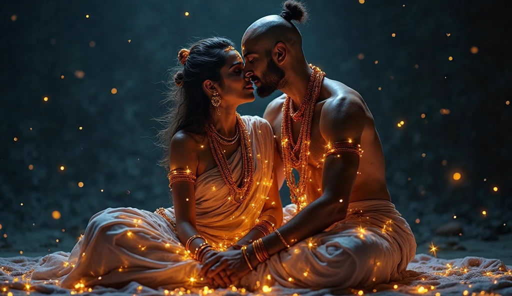 Curvy hourglass muslim women wearing saffron saree black hijab, muscular hindu pandit on mountain, late night doint kiss