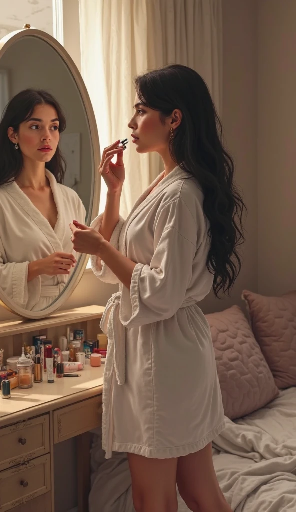 A Brazilian woman in her bedroom using her products from the dresser, make-up ,Perfumes, cremes, doing skin care at 9 am