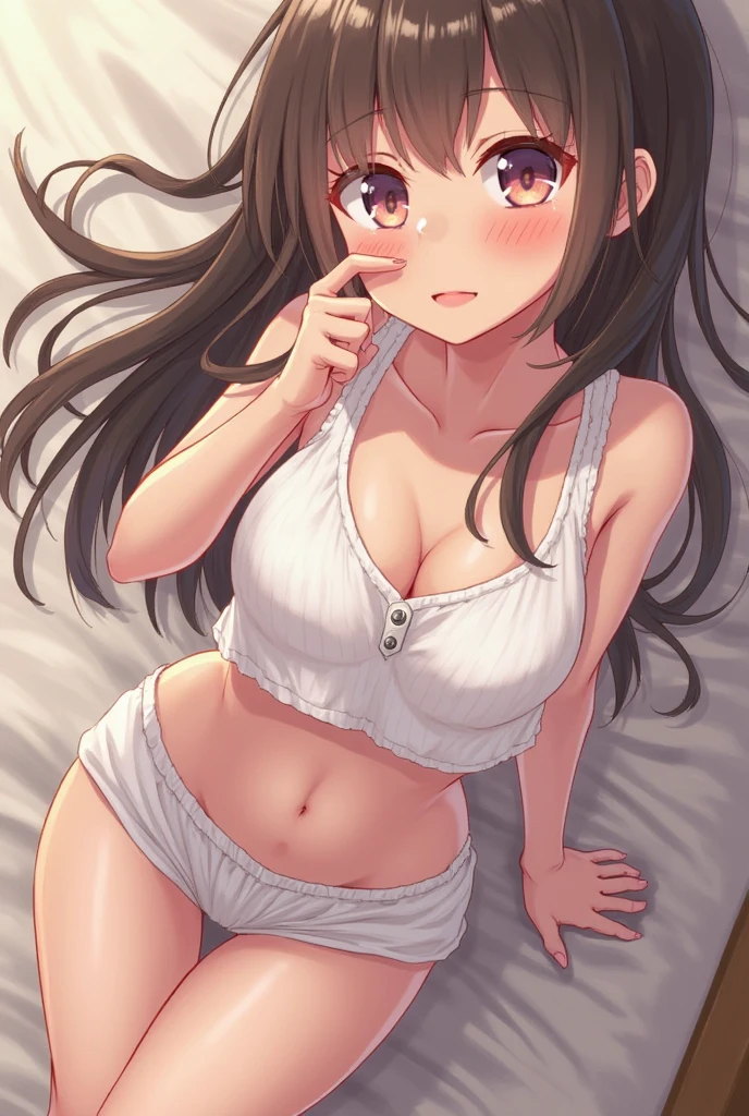 Tifa, wearing only a white shirt, raised her peach butt and lay on the sofa,The button on the chest is open,Pink bra exposed,Flat chest,The mouth is slightly open,Strike seductive poses