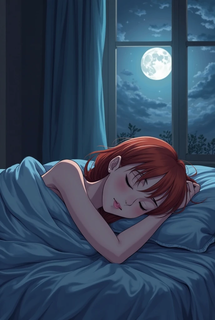 high quality,8k Ultra, A dreamy and ethereal image of a woman sleeping under the stars, Bed, window, mesh bra, White bra, Brown hair, skyblue Color Moon, the whole body, korean woman,White skin color,