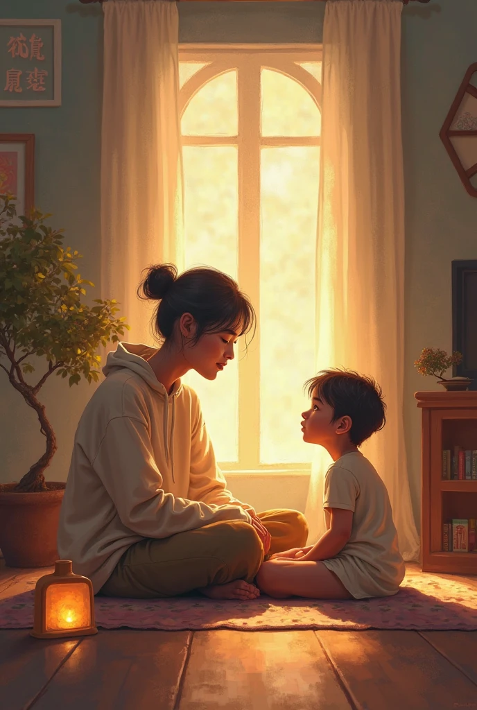 Creates a not so realistic image of : THE SUN IN PEDRO'S HOUSE Let there be a sun in the window and a man sitting in an armchair in the Peruvian jungle Now : creates Pedro with his mother Marta. Pedro is a boy