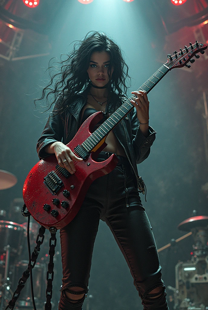 uma mulher de 20 anos, rock star, which is high, very beautiful, has dark skin and very long, curly, dark hair like Marty Friedman, plays guitar and is putting on a metal show packed with fans Disney Pixar style