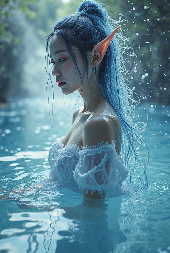 NSFW, A beautiful naiad (Una mujer ninfa de agua) con un cabello azul rizado y un vestido azul, Cara ultra detallada, cuerpo completo, intrincado, sereno, hiperdetallado, gossamer, Caprichoso, Vibrante, ethereal, fotorrealista, fantasy art, Anna Dittmann, James Jean, Hiperrealismo, Deviantart, Pintura digital, Digital illustration, Detalle extremo, Arte digital, 4k, Ultra HD, Arte de la Tierra, fotorrealista, Motor irreal, CGSociety, CryEngine, tiro largo NSFWpunk