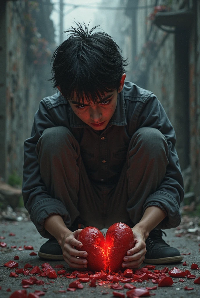 A boy built a wall holding a broken little heart in his hands