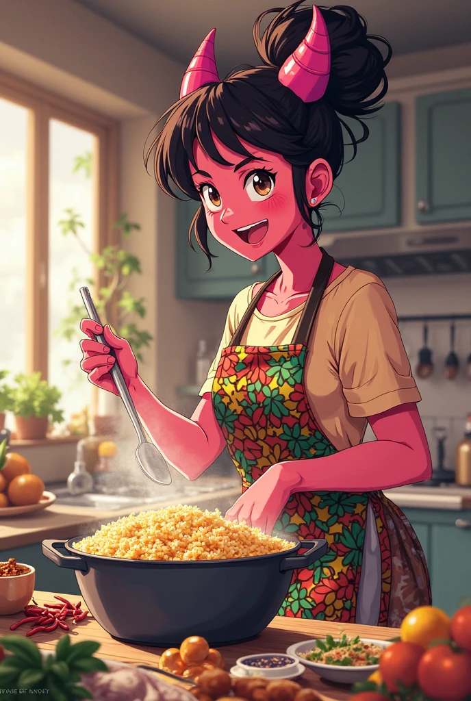 black girl, dark skinned girl, skin black. long hair, black and with fringe. Big black eyes. angry and cute expression, wearing a pink apron, cooking in a kitchen