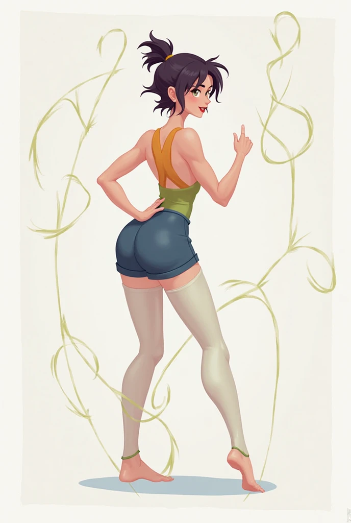 ((((masterpiece, best quality)))), ((34 year old)), (((Curvy))), ((((Caucasian woman with brown spiky hair))), ((heterochromia blue and green eyes)), in ((beige long sleeve shirt)), tugging up her ((green cotton panties))), (((Large Hips))), ((standing in a dressing room)), ((ear gouging)), (((realistic art style)))