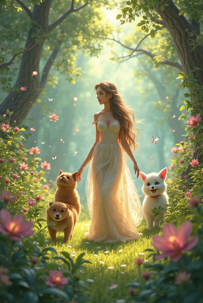 Create a very beautiful image, The picture must have such a beautiful garden with beautiful flowers, and that he has a young lady with her back to him with two Golden Retriever dogs, one big dog and the other small, There should also be a black and white kitten. They should all be facing away, admiring the beauty of nature., The image must be perfect for a children's story