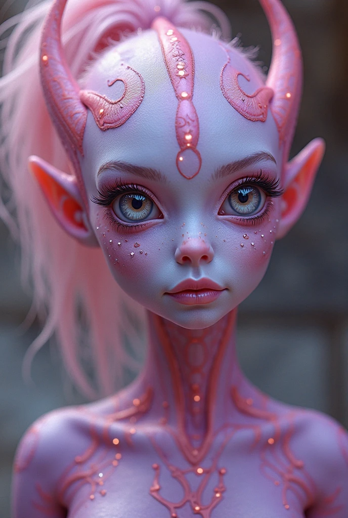 one girl, elf ears, , pure, cute naked, topless, a Woman alien mix, human Body, big tits,   shed skin, alien nose but the Rest of the face ist human, (((whiskers))) big eyes, full black eyes, hybride 10 % elf 30 %alien and 60 % human, face mostly woman,  shed kin at Body Arms and shoulders and neck, tits are human , nipples , full black Iris, slender No clothes,snake shed skin, dark purple skin, pink Hair, mohawk
