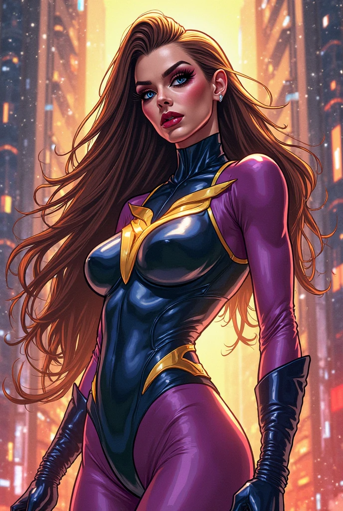 1girl (shadowcat, kitty pryde), absurd, close up, masterpiece, green eyes, long brown hair, small breasts, toned body, yellow and black costume showing shoulders, highres, (skirt), looking at the viewer, solo, dark background, dancing on a strip club, at nigght, bar