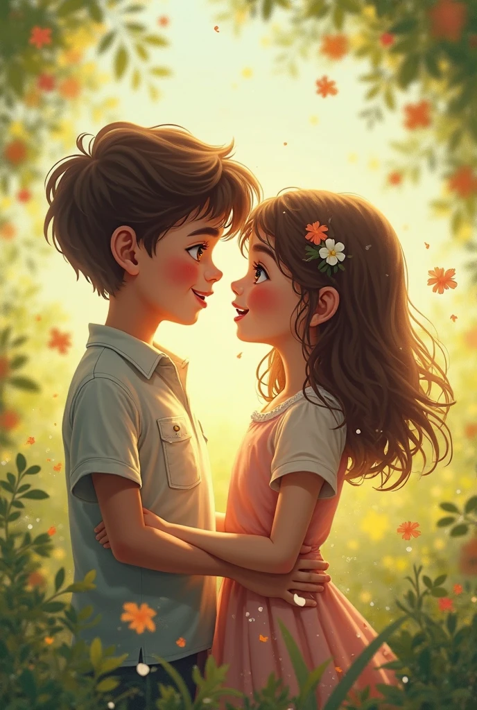 A boy with short hair, sitting with a girl