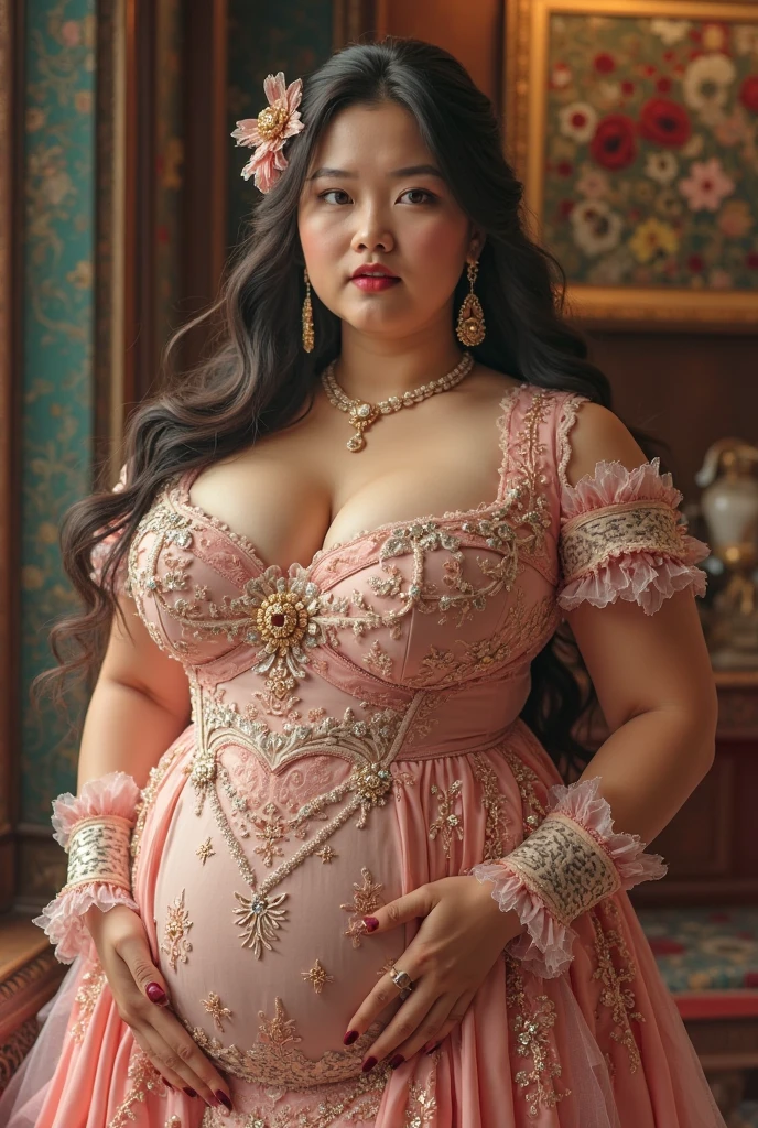 Noble woman from the 17th century tanned skin black eyes pink lips slightly overweight large breasts long black curly hair blue dress with details in red flowers and a pet raven