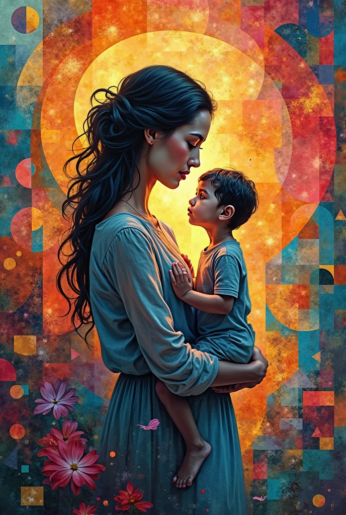 A mother pats her on the head and praises him