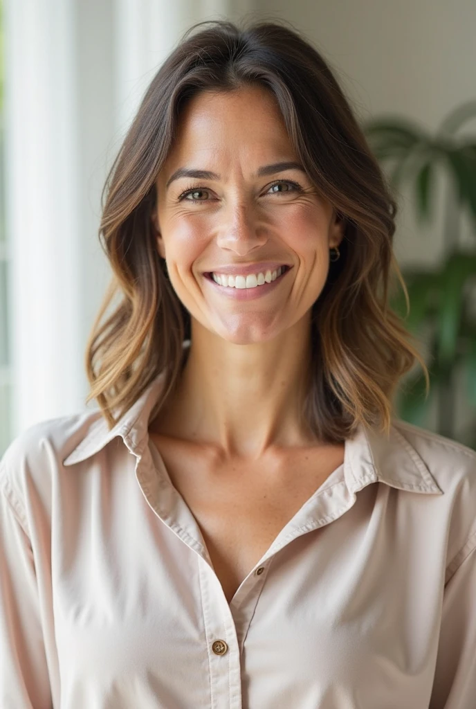 Create a realistic image of a woman who is 40 years old. She has a confident and calm demeanor, with a gentle smile. Her skin shows subtle signs of aging with fine lines around her eyes and a natural, healthy complexion. She has shoulder-length, dark brown hair with a few strands of gray. Her eyes are warm and expressive, with a touch of wisdom. She is dressed in a casual but elegant outfit, like a simple blouse and jeans, standing in a softly lit, modern living room. The background is slightly blurred, keeping the focus on her face and expression."