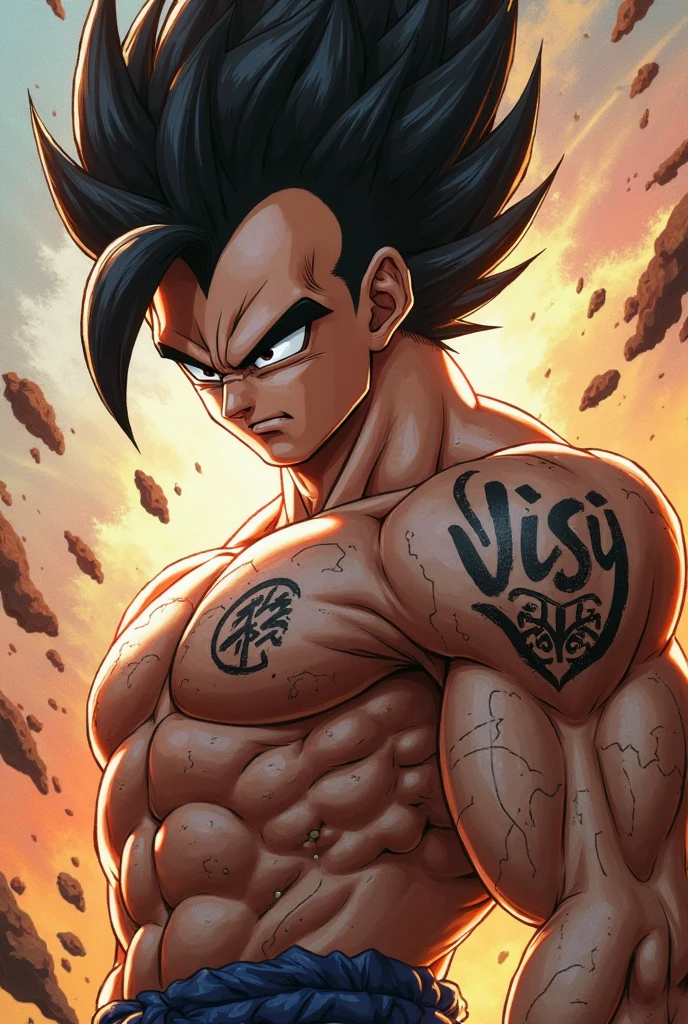 vegetto, 1 sexy girl, spiked hair, potara, white gloves, big tits, big ass, tight suit, victory pose, thin hips, looking at viewer, front view., vegetto, spiked hair, potara, white gloves(( big breasts) ((beach)) ((black hair)) (((detail fingers))