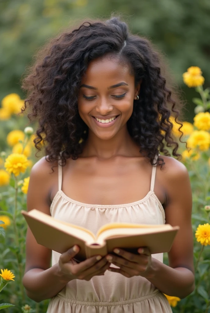 A black woman, black hair, long and curly, Reading the Bible, sitting in the middle of a field of sunflowers.