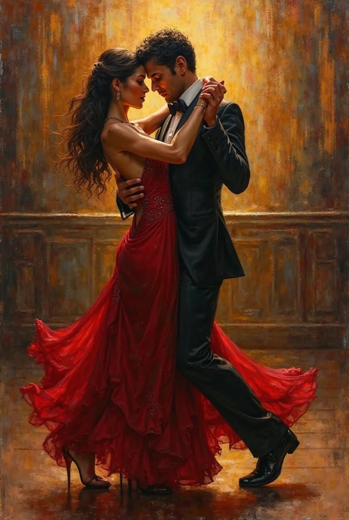 Color photograph of a beautiful artwork illustration, (portrait composition:1.5), a couple of ballroom dancers dancing together tango, Beautiful woman in red dress, Latina, highly detailed face, Perfect Makeup, long legs, low back cut, BREAK good looking man, high, black tuxedo, BREAK ((Best quality)), ((masterpiece)), (detailed)