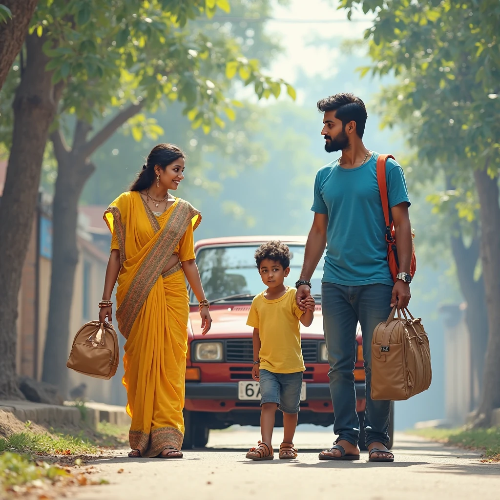 Best Quality:1.2), (high resolution:1.2), (beautiful face and eye:1.2), (sharpest focus:1.2), (Ultra-realistic Photo:1.2), (Ultra-precise Photo:1.2), (Depth of field:1.2), (perfect anatomy:1.2),An Indian couple with their four-year-old daughter carrying luggage in the hands of the husband. (The girl is wearing a saree) The boy is wearing a shirt (The girl is wearing a frock