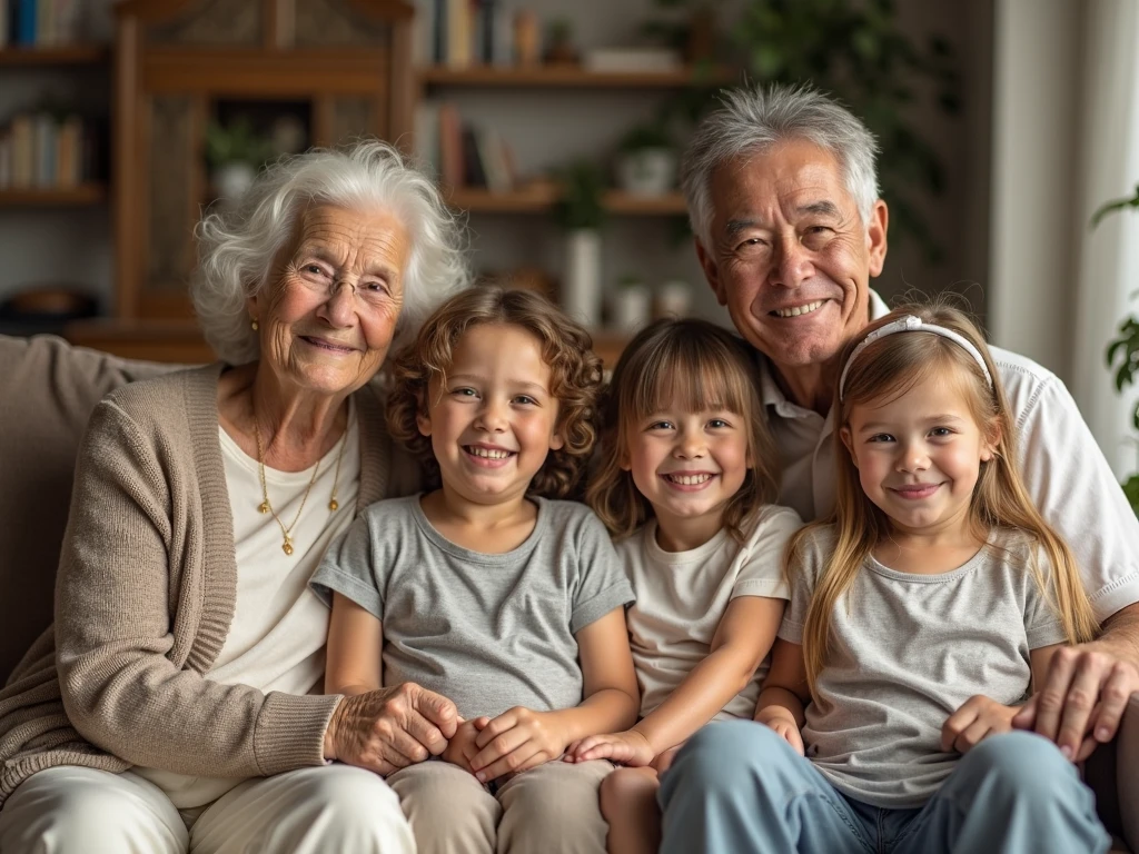 Real grandparents and grandchildren sitting on blue background