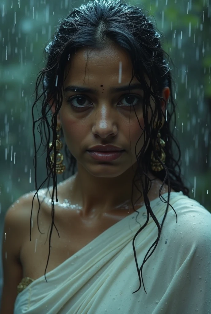 full body shot of ultra realistic dark and moody photograph of a 30 years old Indian woman in a wet white nightgown, brown hair ponytail, soaked skin, soaked dress, see through, clinging to body, hair wet, dark, moody, light from above, spooky creepy, just came in from rain. low light, horror film vibe, discordant visuals, Ultra realistic, symmetrical face , (35mm style:1. 1), foggy, ((best quality)), ((masterpiece)), ((realistic)), radiant light rays, higher, detailed facial features, analog style, digital painting, 3d render, matte, highly detailed, concept art, Exaggeration, light Aesthetic, magazine, Backlight, light rays magical lighting beams, dust in beam, dark color, misty, moody, heavenly, shadowy, Realism, octane render, unreal engine 5, Shaders, Denoise, De-Noise, Ambient Occlusion, Tone Mapping, Moonlight, higher, detailed facial features, high detail, sharp focus, octane render, realistic, post-processing, max detail, realistic shadows, roughness, natural skin texture, real life, ultra realistic, photorealism, volumetric fog