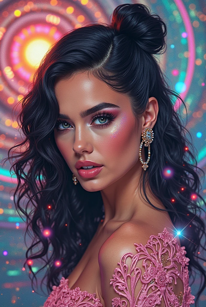 portrait, A landscape where the sky is made of fire and the ground is made of water, Miss, Medium Height, Thin, Triangular Face, Dark Skin, Dark Brown Hair, Black Eyes with Green Spots, Short Nose, Fleshy Lips, Recoiled Chin, Long Hair, Curly Hair, Donut Bun, Enlarged Breasts, Hoop Earrings, Digital Art,