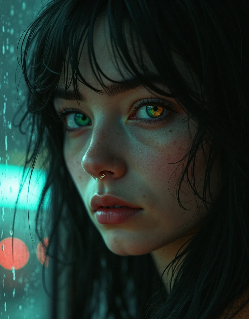 ultra-detailed, realistic, wallpaper, disheveled, hard breath, bob cut, sexual tension, foggy look, sexy despair, sweat, desperation loosing control, liquid t-shirt, void, abstract, orange blue, freckles, red lips,