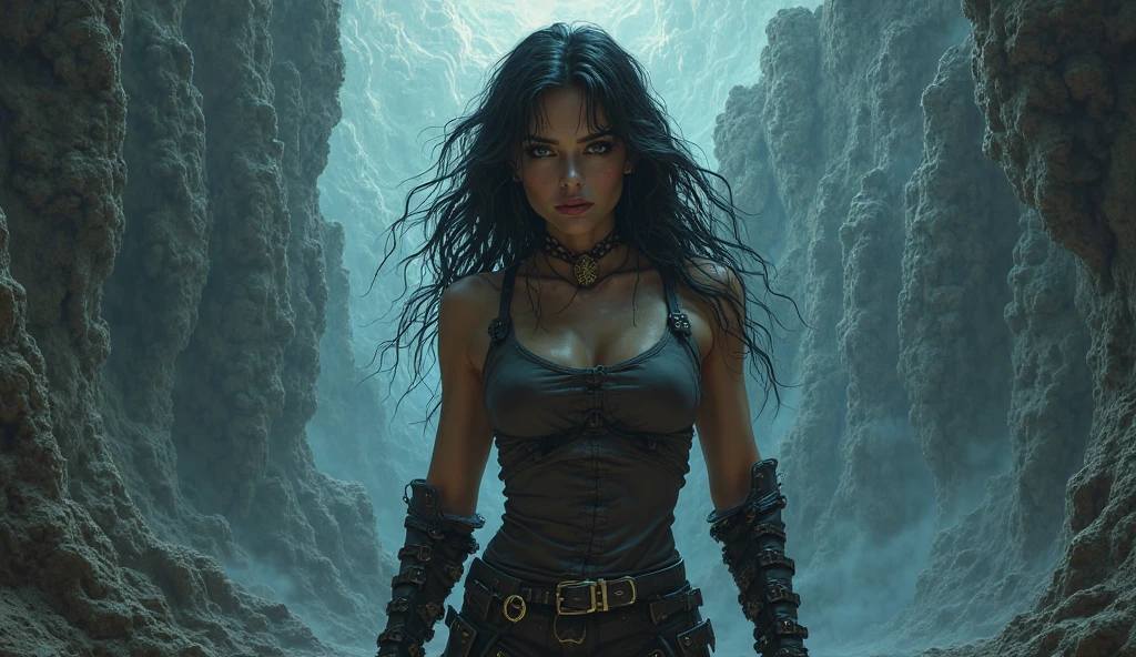 A mysterious hot sexy dark girl with a tormented look, a hill with a full moon in the background, detailed facial features, long dark hair, dramatic lighting, dark fantasy, moody tones, cinematic composition, muted colors, chiaroscuro, dramatic shadows, (best quality,4k,8k,highres,masterpiece:1.2),ultra-detailed,(realistic,photorealistic,photo-realistic:1.37)