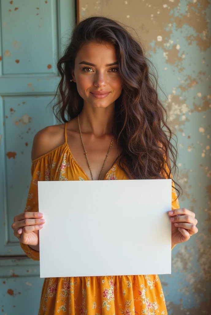 Beautiful girl with wavy long hair, bohemian dress, holding a white board