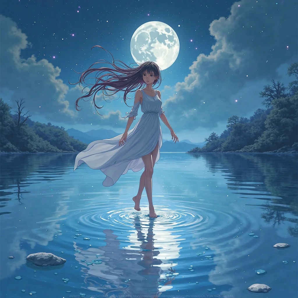 Une beauté très condensée habillée d&#39;une peinture d&#39;étoiles et de lunes dans la rivière et le ciel, art conceptuel inspiré de Tosa Mitsuoki, gagnant du concours pixiv, Meilleure qualité, art fantastique, belles scènes d&#39;anime, un rond de lune brillante, ciel étoilé environment in the moonlight, Peinture de rêve, fond d&#39;anime art, art du paysage de rêve, nuit fantastique, fond d&#39;anime, oeuvre d&#39;arrière-plan, Art fantastique, animé atmosphérique, ciel étoilé, Amélioration des détails.  