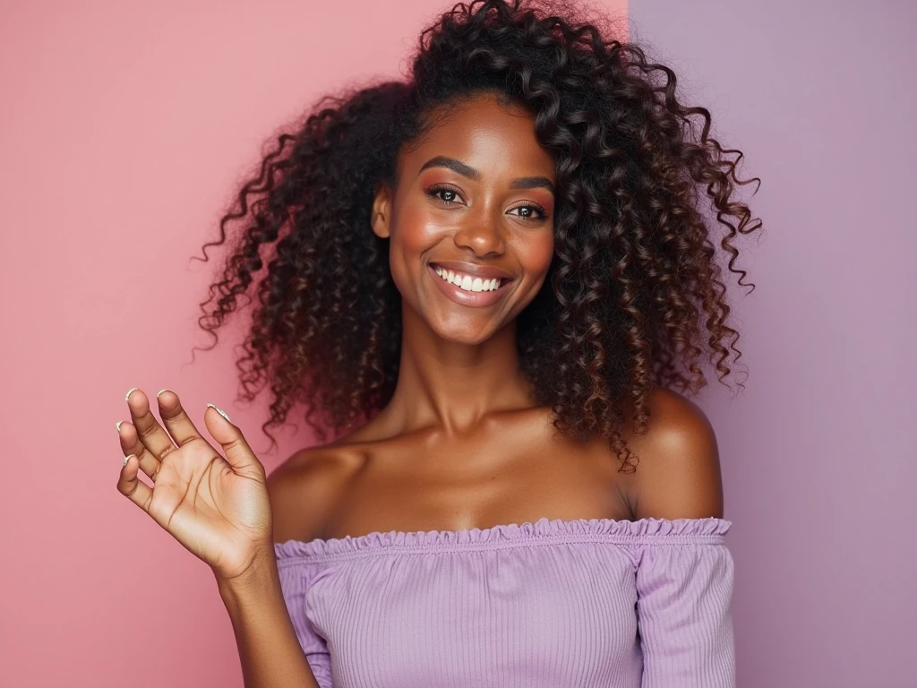 A curly girl in a white crop top