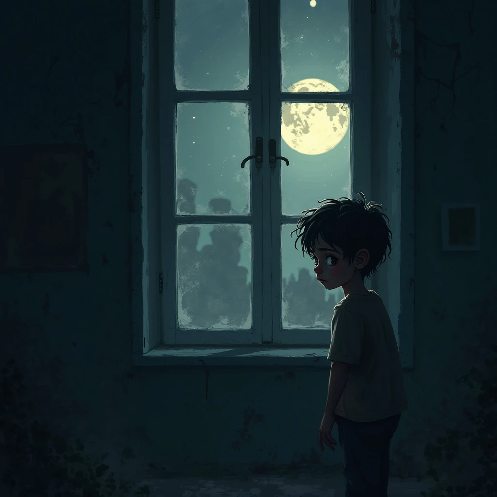 Haunted House night scary boy seeing from window