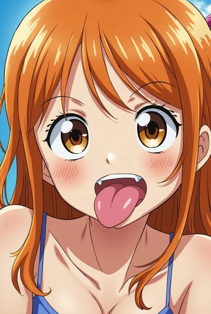 score_9, score_8_up, score_7_up, score_6_up, score_5_up, score_4_up, BREAK source_anime,POV,city,outdoor,smile,standing, nami_egghead, orange hair, long hair, wavy hair, side locks, brown eyes, large breasts, white t-shirt,short sleeves, blush, open mouth, big mouth, tongue, tongue out, close up, saliva, uvula, uvula, mouth focus, excessive saliva, , looking down, nude, long tongue, large tongue, room, indoors, highres, side, on side, looking at side, selfie, armpits, sweaty armpits, green bra