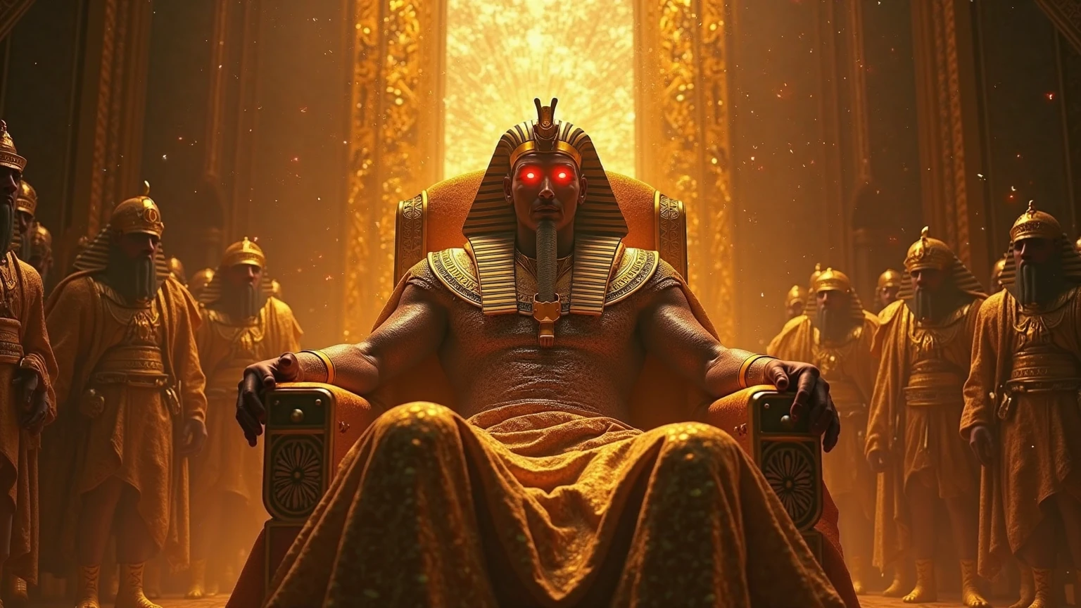 Egyptians and aliens built the pyramids. With cutting-edge technology A flying saucer shines down on the pyramid.
King Pharaoh and Creophraratran sat on the throne.
There are two Sophinks sitting next to each other in the desert.