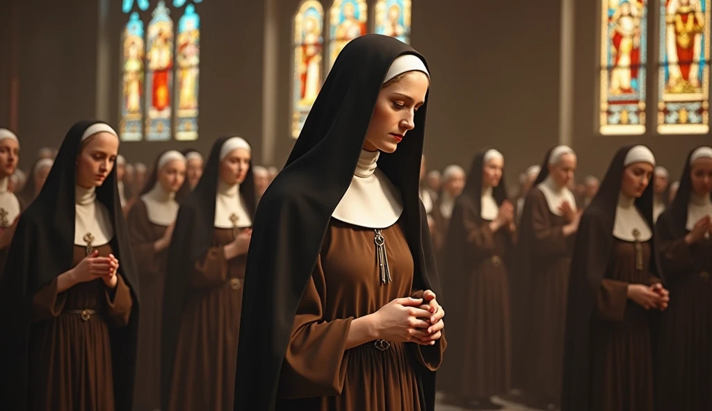 (16k, Raw Photo, Highest Quality, Masterpiece 1.2) Professional photo, (Photorealistic 1.2), Retile, ((Ultra Detailed Skin Texture 1.2)), Anatomically Correct, Cinematic Aesthetics, Cinematic Lighting, Realistic Lighting, High Detail, Full Body Photo, Beautiful young American woman, Christian nun, former lady, (Black nun's garb 1.1), Determined expression, ready to give up everything, no makeup, starting today in a strict convent, in a strict English Christian convent.