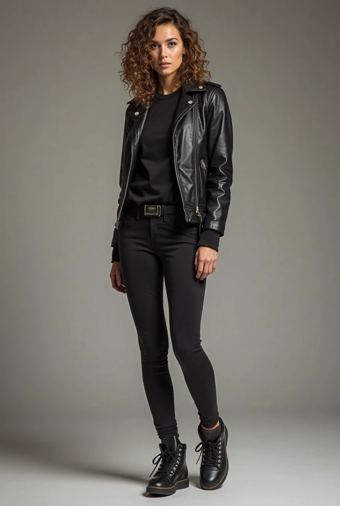 captured with a Sony α7 III camera, an narrow waist, wide hips, and a full bust. The proportions are highly stylized, with a sharp contrast between the tiny waist and the expansive curves of the hips and chest, full body shot, fitted leather jacker black in color above the hip line, inner white tee, skinny black jeans, Studded Ankle Boots dark brown, standing, creamy white background.