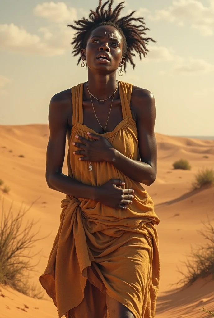 Black woman with torn dress and exposed breasts, nudity and dirt 
