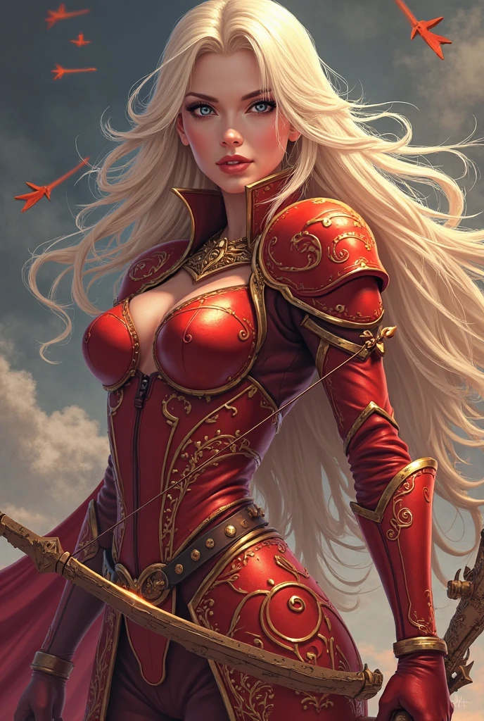(masterpiece, high quality:1.8), extremely detailed, ambient,
SallyWhitemane, 1girl, mature female, FeelsGood, determined,
white hair, long hair,  jewelry, (eyeshadow:1.8),
hat, shoulder armor, (two-tone leotard:1.2), gold trim,
red background,
