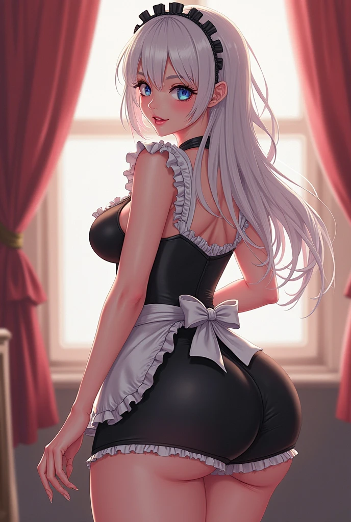 anime girl in a maid outfit with a black and white outfit, bending over, gorgeous maid, anime girl in a maid costume, beautiful anime girl squatting, seductive anime girl, guweiz, small curvy loli, maid outfit, maid dress, clean detailed anime art, lit from behind, maid, thicc, 8k high quality detailed art, ecchi