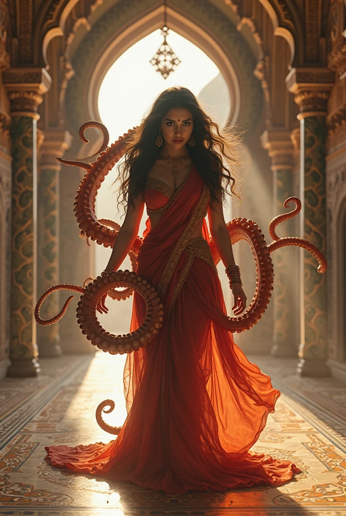 Digital illustration with a dark, eerie style. (full body) The layout features a central figure, a woman with long, disheveled black hair, snake in hair like medusa, crawling towards the viewer. Her skin is black, dark, and her eyes are glowing white, detailed face, brunette body, scary looks, four hands, cruel smile on face, blood on teeth, giving her a menacing appearance. She has a wide, sinister grin with sharp teeth. The woman is dressed in red sari, dark atmosphere, scary bloody ambience