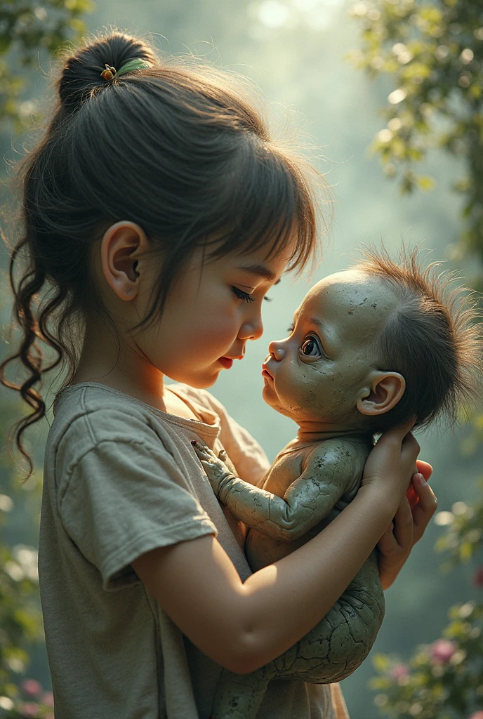 5-year-old girl smiles, holding a doll's head in her hand