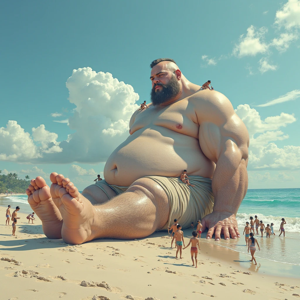 A male giant as big as a mountain　Town　person looking up from below Huge belly　Huge breasts　naked　aerial photograph　islands　crotch　lie down　Space Station
