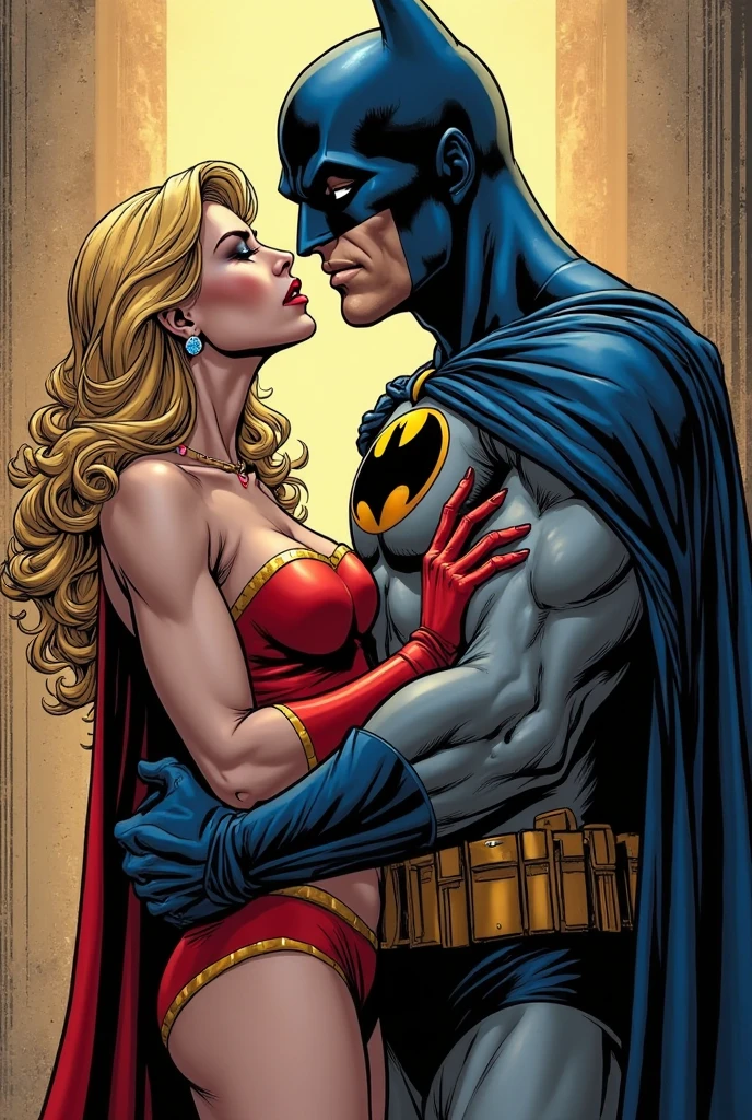 Hyper realistic image of Super Girl kissing Batman. Batman's erect penis is visible on his suit. Super Girl has her hand on Batman's penis. Super Girl is blonde, she has a fit body and her breasts are big since they have surgery. Batman is touching Super Girl's breast.