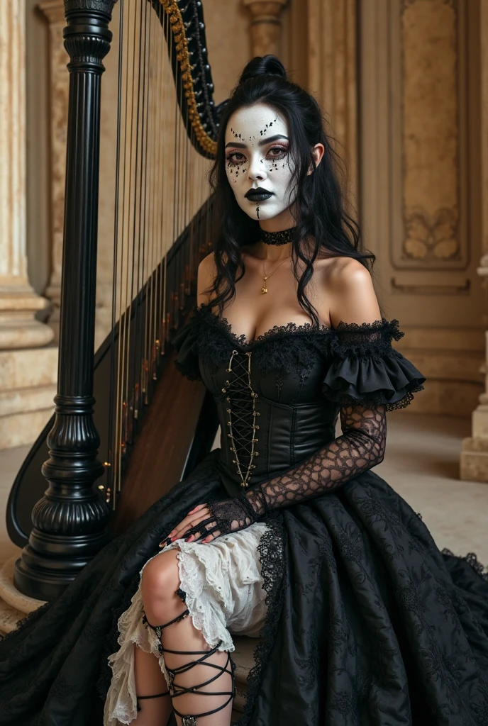 a woman in a black and white wedding dress, baroque dark art, still image from tv series, kumadori makeup, in style of billelis, tarot cards characters, an abandoned rococo salon, banshee, resembling a mix of grimes, portrait skull clown, young blonde woman, character design : : gothic