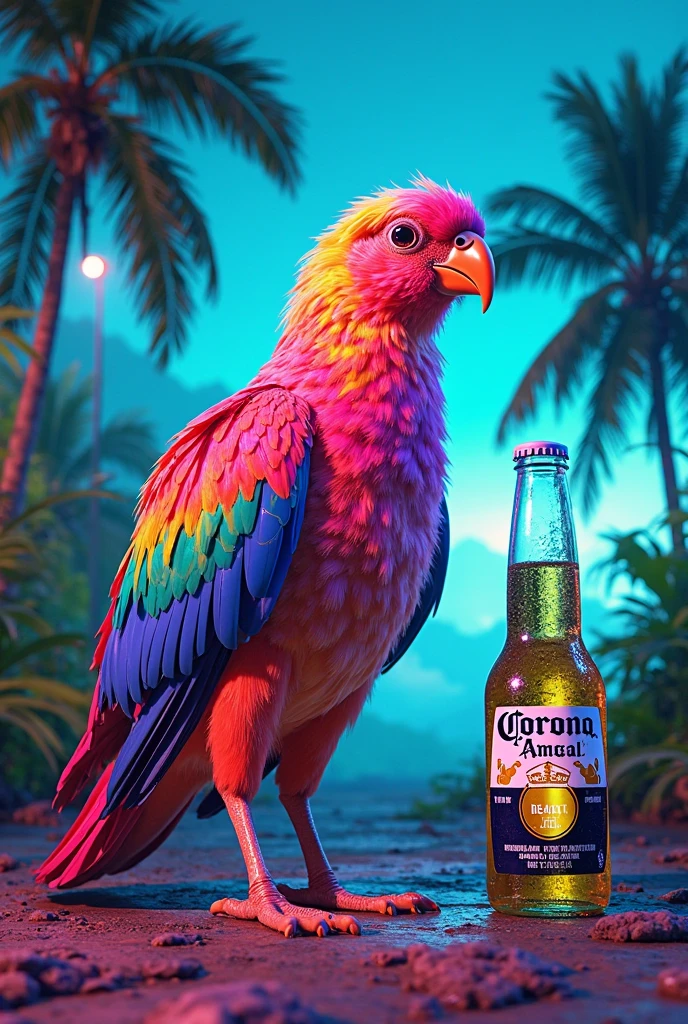 Make a T-shirt print, with blue macaw wearing sunglasses with beer excited, with phrases in the background, with black background