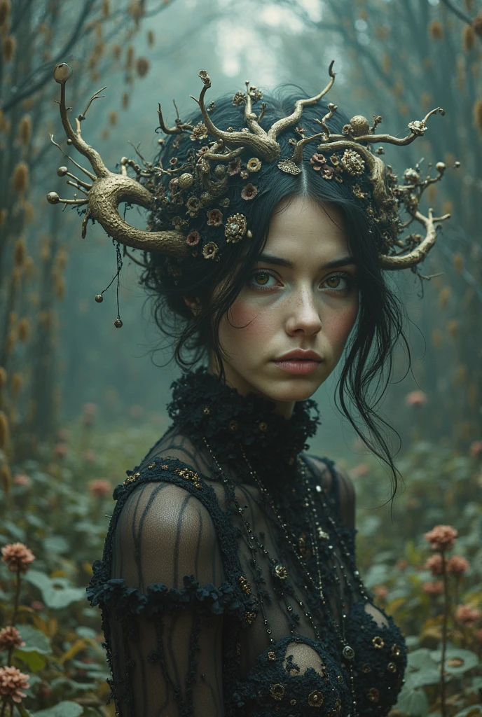 Make a dreamy mysterious horror style image symbolizing the embracement of nature, symbols