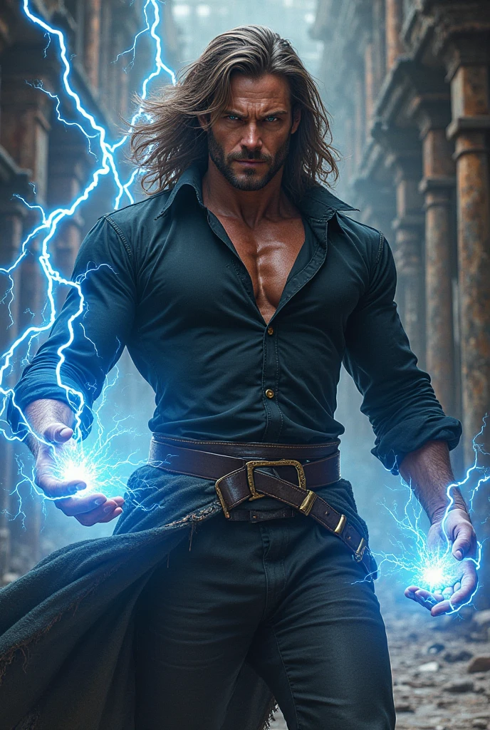 mage casting a spell, full body and head, young adult manly man, chest hair